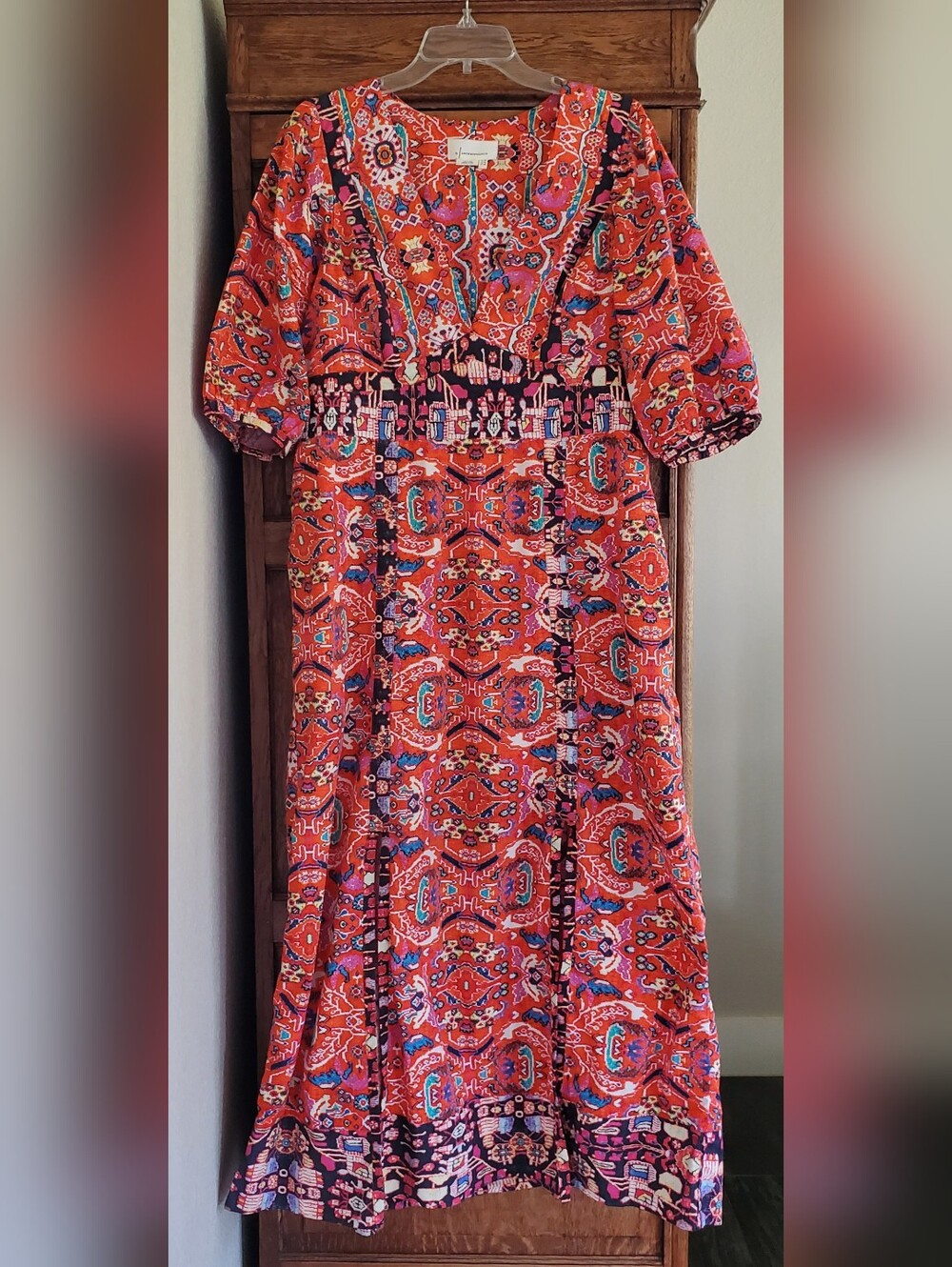 ANTHROPOLOGIE ORANGE/RED PUFF SLEEVE DEEP-V AZTEC PAISLEY MIDI/MAXI DRESS 14